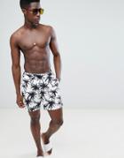 Asos Design Swim Shorts With Black & White Palm Print In Mid Length - White