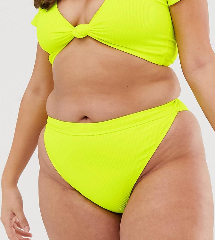 South Beach Curve Exclusive Ribbed High Waist Bikini Bottom In Neon Yellow - Yellow