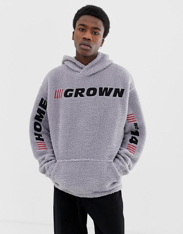 Asos Design Borg Hoodie With Text Print - Gray