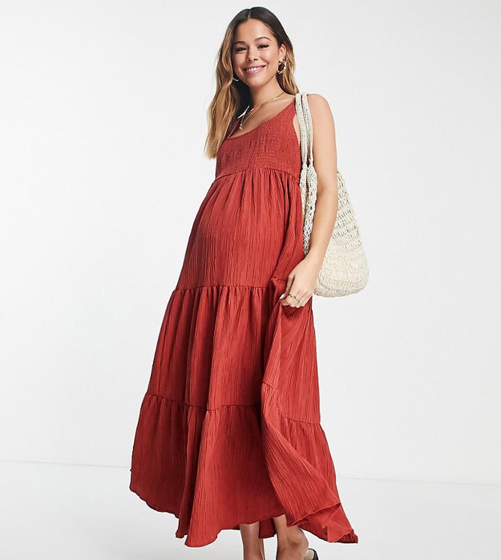 Asos Design Maternity Shirred Maxi Sundress With Tiers In Rust