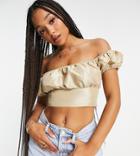 Collective The Label Ruched Off-the-shoulder Metallic Top In Gold - Part Of A Set-multi