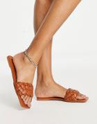 Truffle Collection Woven Square Toe Flat Slides In Tan-brown