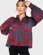 In The Style X Jac Jossa Collar Detail Pleated Smock Top In Contrast Orange Floral-multi