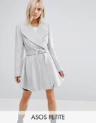 Asos Petite Skater Coat With Self Belt And Oversized Collar - Gray