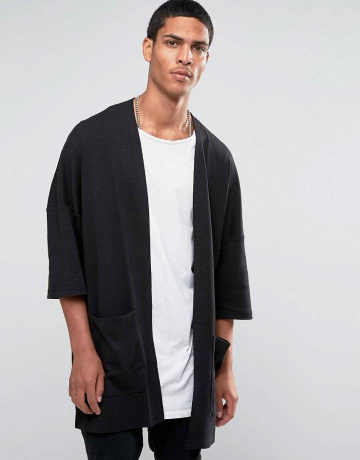 Asos Longline Jersey Cardigan In Slub - Black