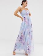 Lipsy Bandeu Mesh Maxi Dress In Blue Floral Print - Multi