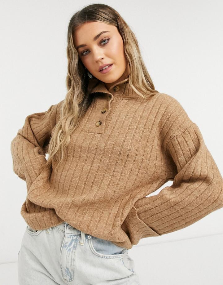 Asos Design High Neck Sweater With Placket Detail In Taupe-neutral