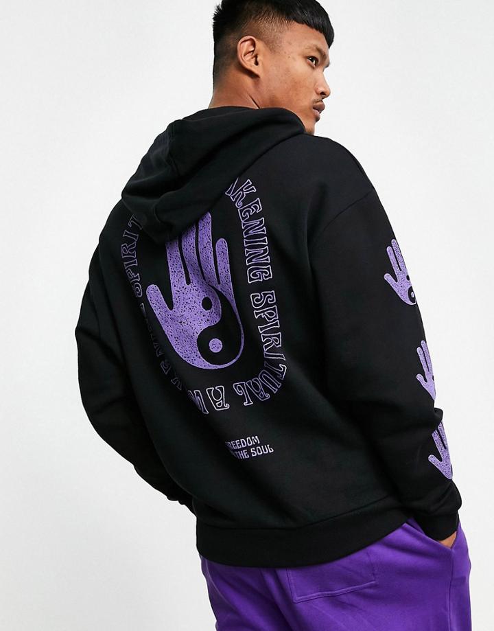 Asos Design Organic Oversized Hoodie With Multi Placement Mystic Prints In Black