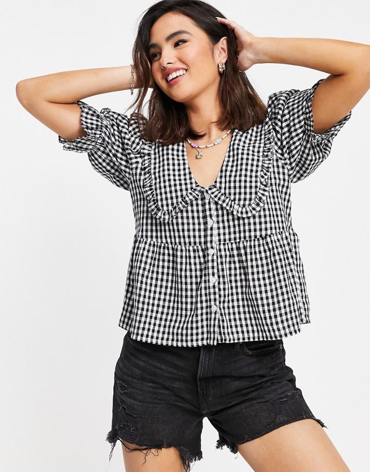 Miss Selfridge Collar Shirt In Mono Gingham-black