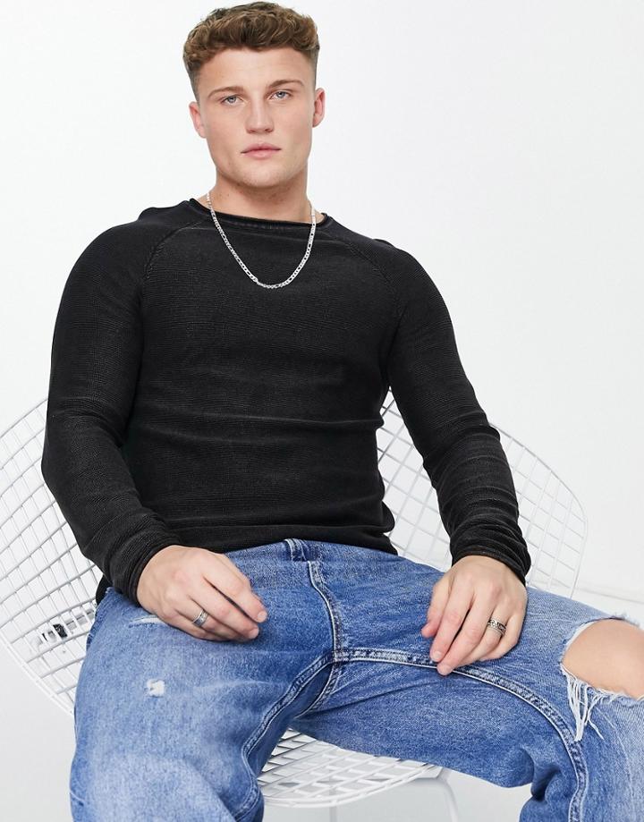 Only & Sons Lightweight Raglan Sweater In Washed Black