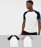 Asos Design Raglan T-shirt With Crew Neck With Contrast Sleeves 2 Pack Save - Multi