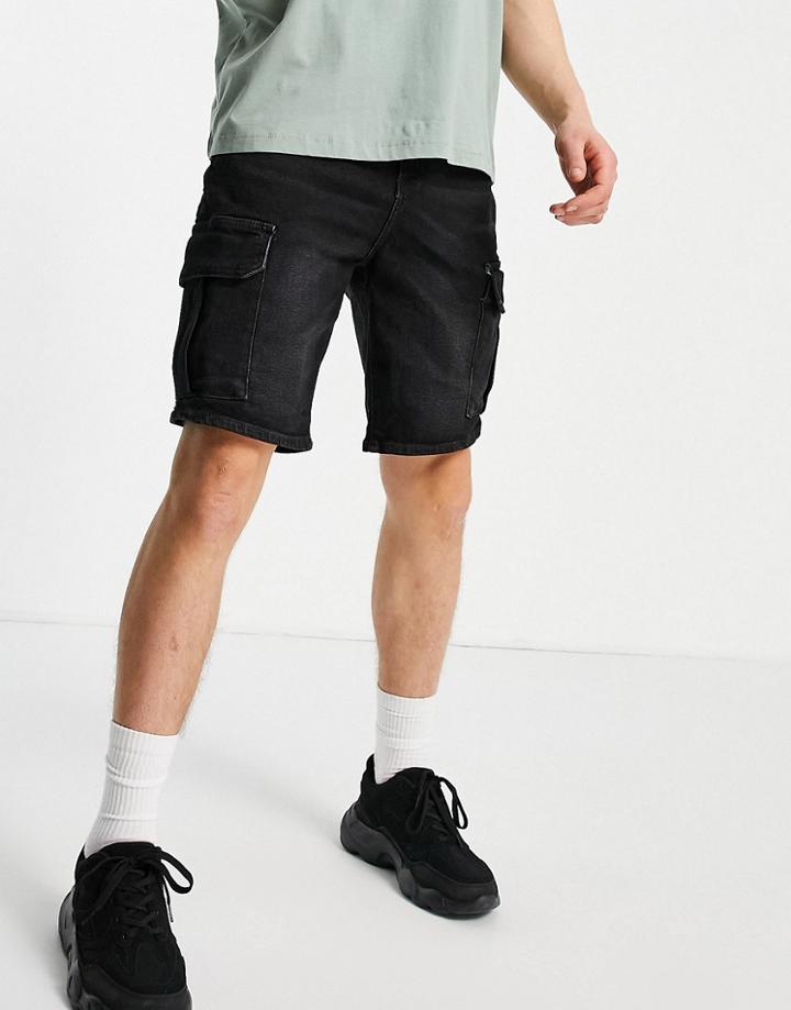 New Look Original Fit Denim Cargo Shorts In Black-blues