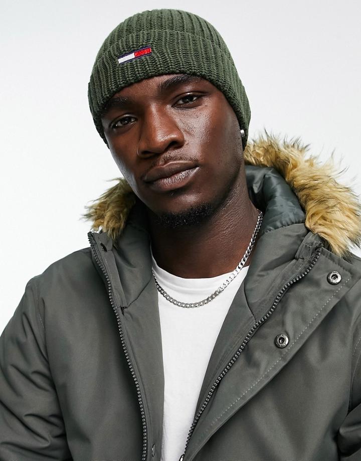 Tommy Jeans Basic Rib Beanie In Khaki-green