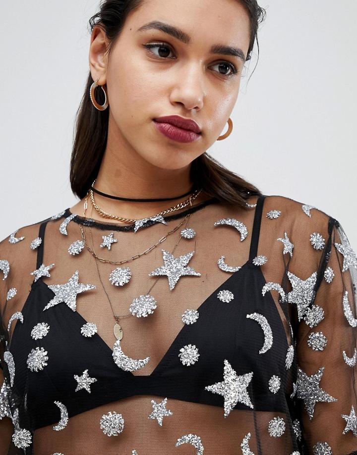 Motel T-shirt Dress In Metallic Star And Moon Mesh - Black