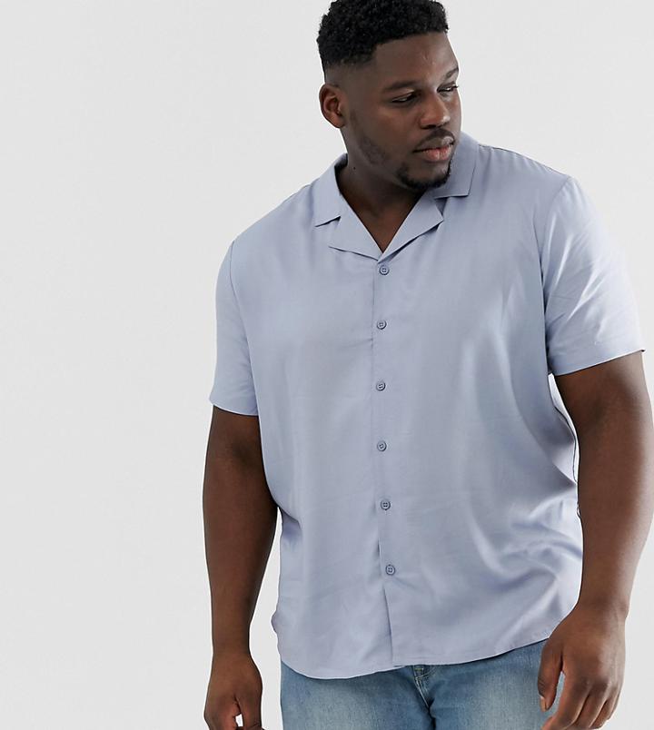 Another Influence Plain Revere Collar Short Sleeve Shirt In Blue - White