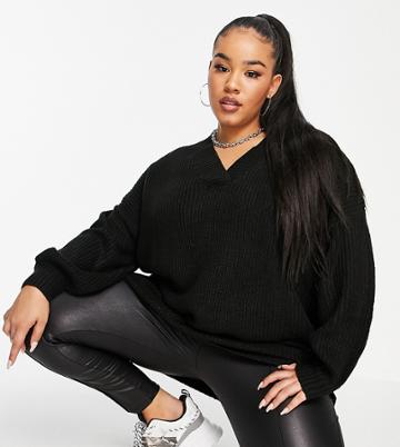 Threadbare Curve Oversized V Neck Sweater In Black