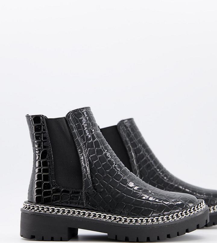 Truffle Collection Wide Fit Chunky Chain Ankle Boots In Black Patent