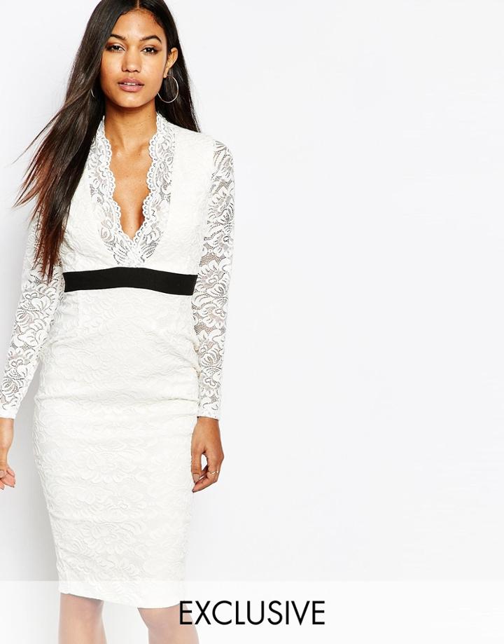 Vesper Allover Lace Midi Pencil Dress With Scalloped Front - Cream