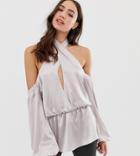 Asos Design Tall Halter Long Sleeve Top With Off Shoulder Detail-blue