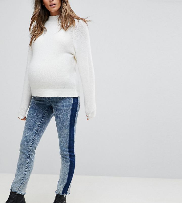 Asos Maternity Kimmi Shrunken Boyfriend Jeans With Tonal Side Stripe And Under The Bump Waistband - Blue