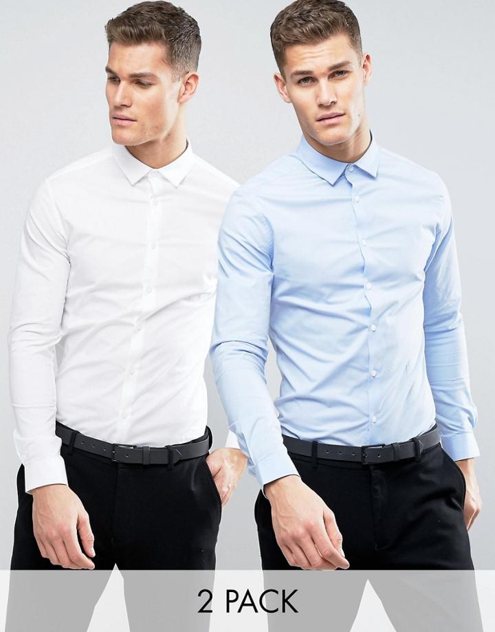 Asos Skinny Shirt 2 Pack In White And Blue Save - Multi