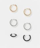Asos Design 12mm Hoop Earrings Pack In Black Silver And Gold Tone-multi