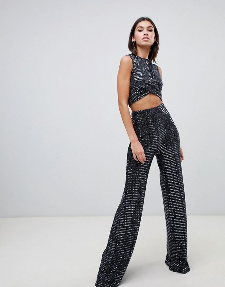 Club L Sparkle Wide Leg Trouser Co-ord In Navy - Navy