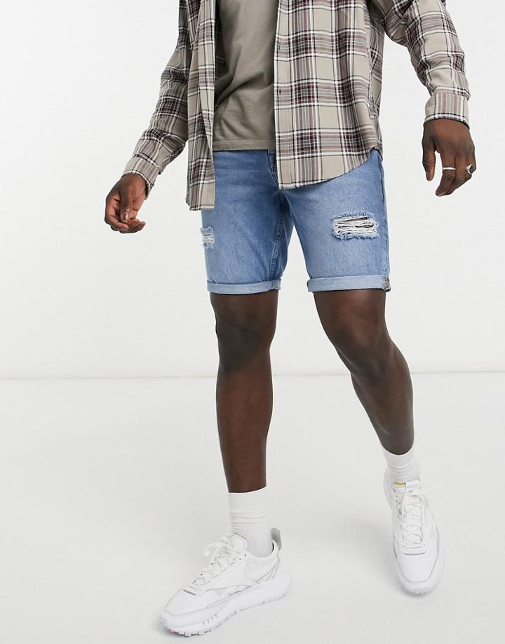 Asos Design Slim Denim Shorts In Mid Wash Blue With Rips-blues