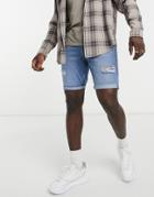 Asos Design Slim Denim Shorts In Mid Wash Blue With Rips-blues