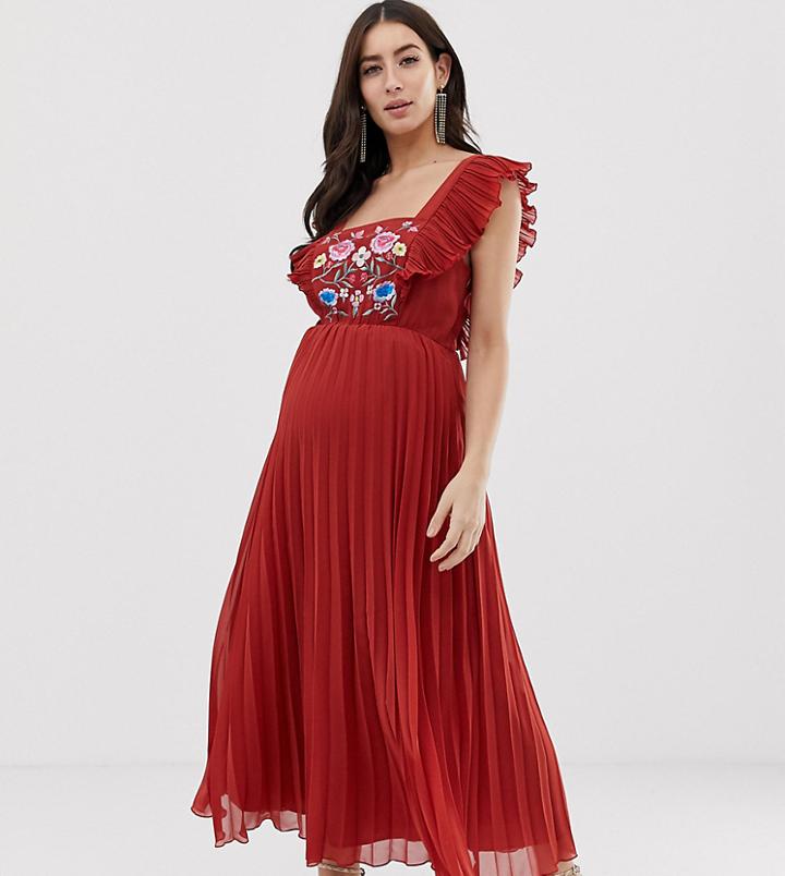 Asos Design Maternity Pleated Embroidered Square Neck Skater Midi Dress