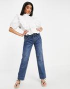 Asos Design High Neck Top With Eyelet Ruffle Detail In White
