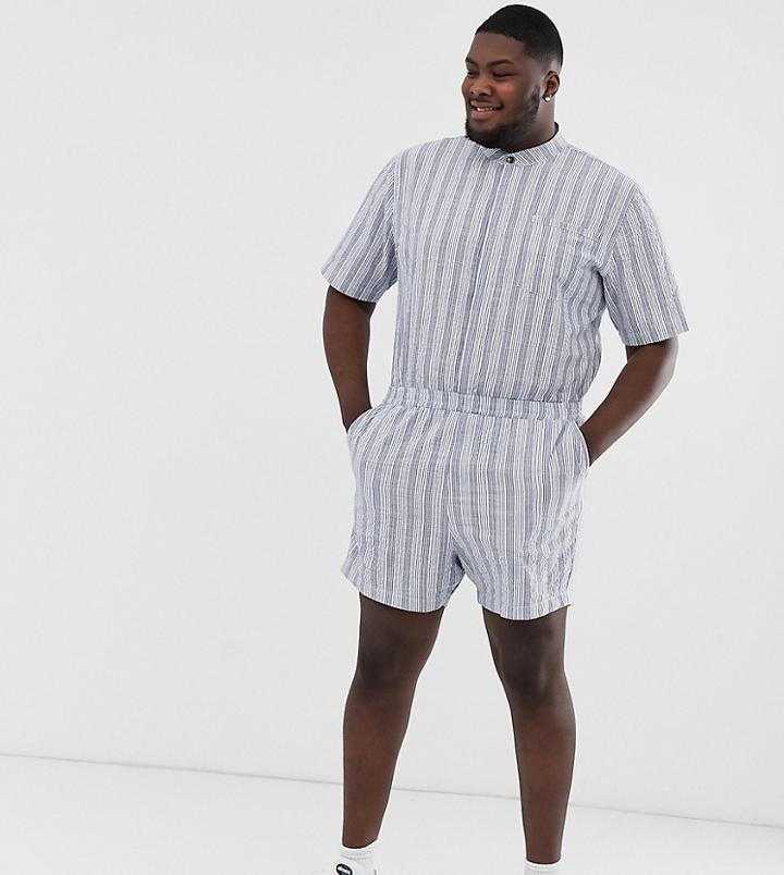 Asos Design Plus Short Boilersuit In Seersucker Stripe - Blue