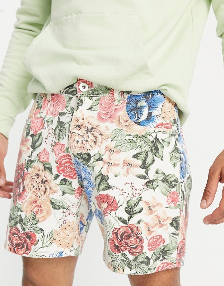 Liquor N Poker Floral Print Denim Shorts Set In Beige-neutral