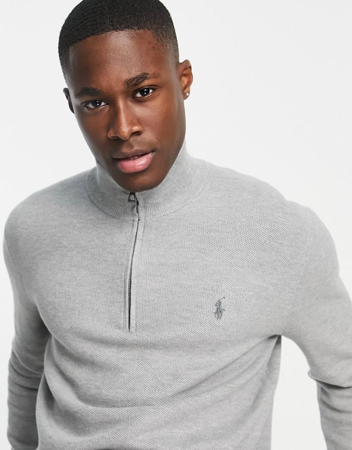 Polo Ralph Lauren Player Logo Pima Cotton Knit Half Zip Sweater In Gray Heather