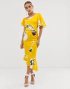 Asos Design One Shoulder Belted Floral Ruffle Midi Dress-multi