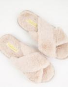 Truffle Collection Fluffy Cross Strap Slippers With Chunky Sole In Taupe-gray