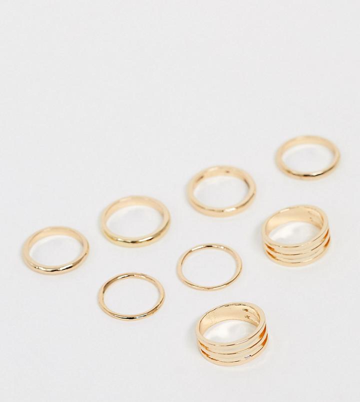 Asos Design Curve Pack Of 8 Rings In Mixed Width And Double Row Designs In Gold Tone - Gold