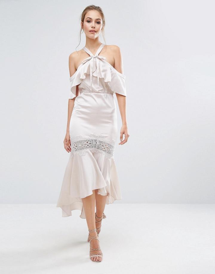 Dark Pink Satin Bardot Dress With Lace Insert - Cream