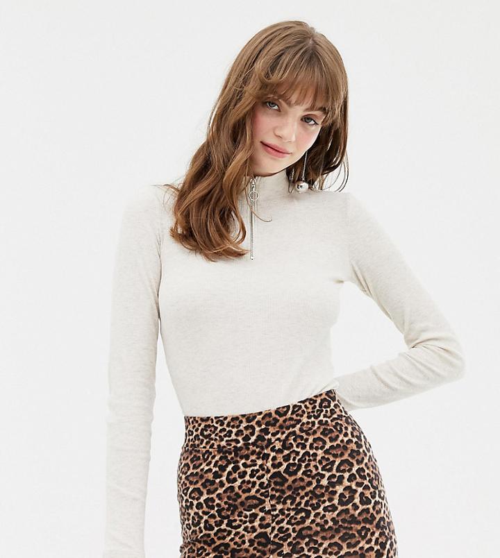 Monki Zip Neck Long Sleeved Top In Oatmeal Melange - Beige