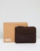 Asos Design Leather Zip Around Wallet In Vintage Finish With Cardholder Slots - Brown