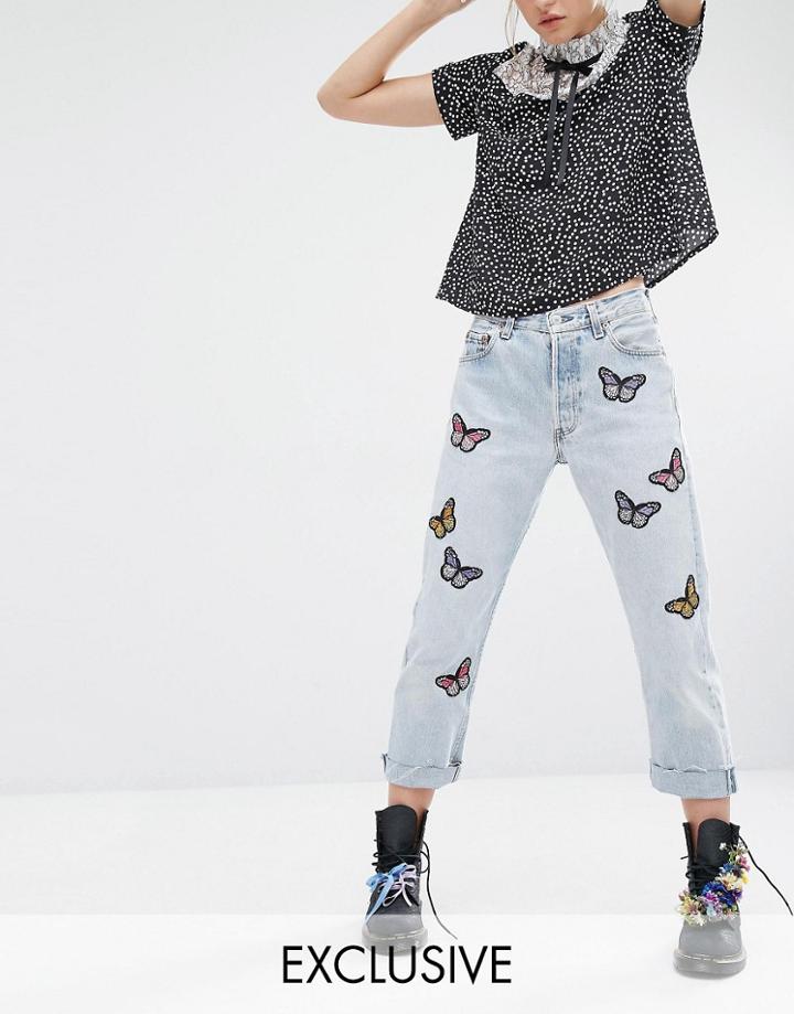 Reclaimed Vintage Raw Hem Jeans With Butterfly Patches - Lightwash Denim