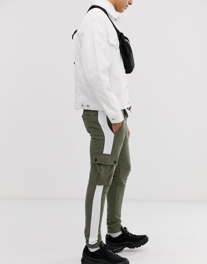 Asos Design Skinny Sweatpants With Cargo Pockets And Side Stripes In Khaki - Green