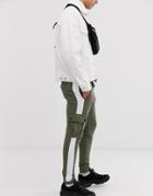 Asos Design Skinny Sweatpants With Cargo Pockets And Side Stripes In Khaki - Green