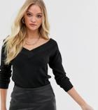 Vila Off Shoulder V Neck Rib Sweater-black