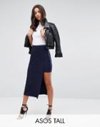 Asos Tall Tailored Double Layered Collumn Skirt With Button Detail - Navy