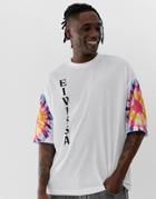Asos Design Oversized T-shirt With Tie Dye Placement Sleeves And Ibiza Print - White