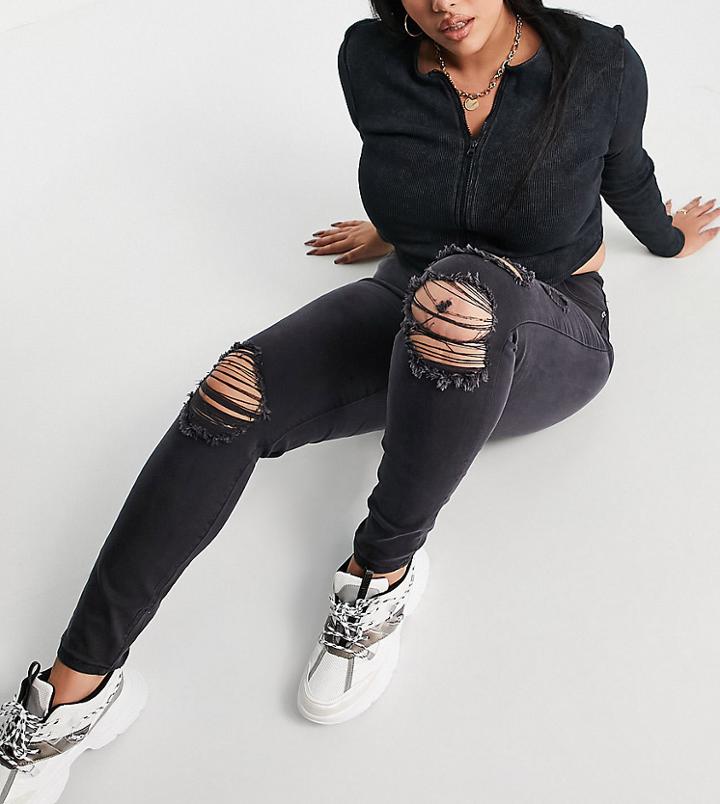 Missguided Plus Sinner High Waisted Skinny Jeans With Rips In Black