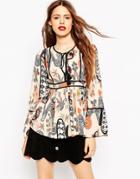 Asos Contrast Detail Blouse In Chinese Whispers Print - Multi