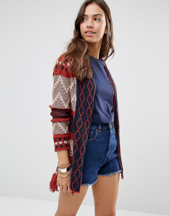Only Salvia Geo Border Pattern Cardigan - Navy