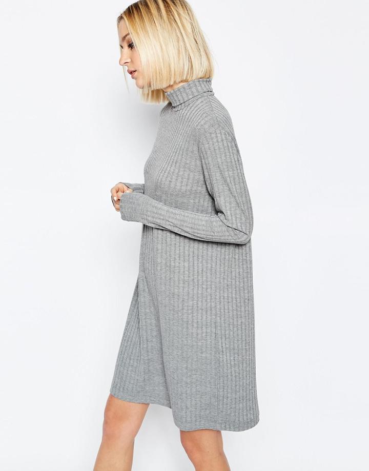 Weekday Meta High Neck Ribbed Dress - Gray Melange